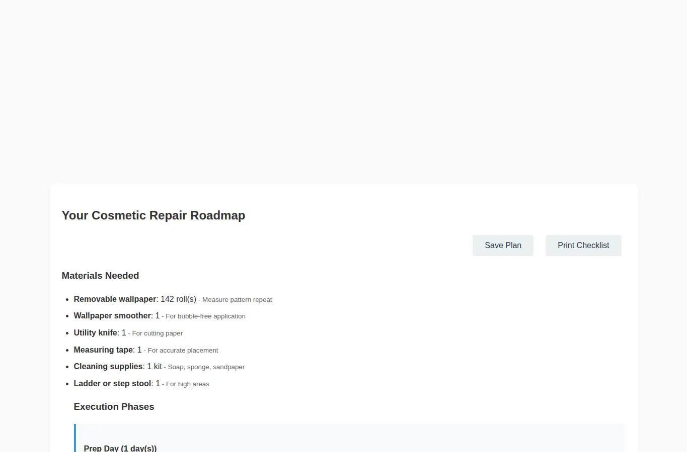 Screenshot of Apartment Cosmetic Repair Roadmap interface showing the project page in use